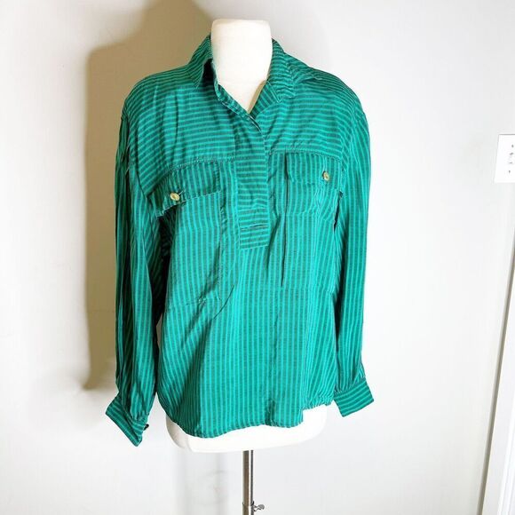 Vintage 80s Size M/L Silk Blouse Green Striped Popover Tunic Francesca of Damon - Picture 4 of 16